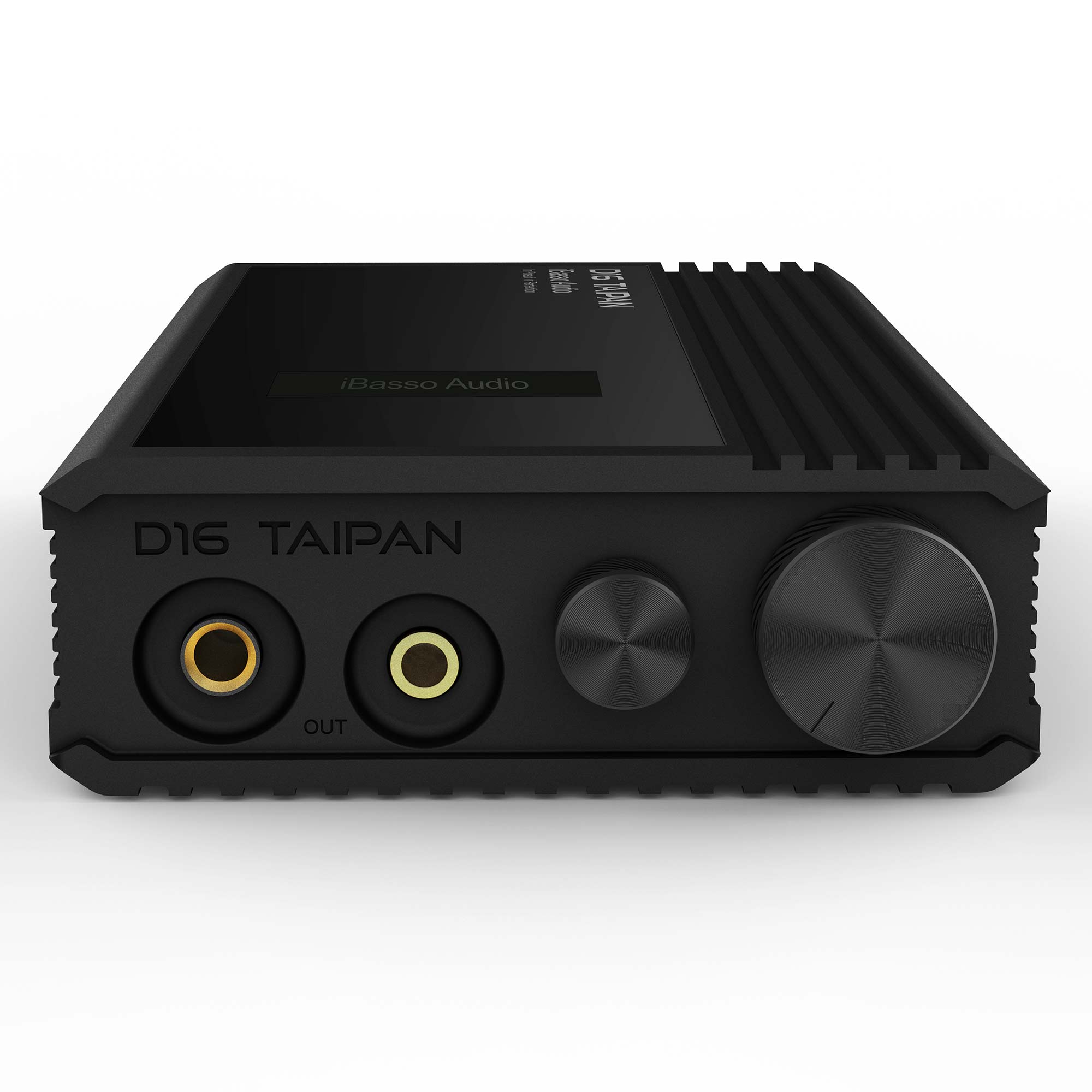Front view of iBasso D16 Taipan Portable DAC/Amp showing headphone outputs, knobs, and compact black design on white background