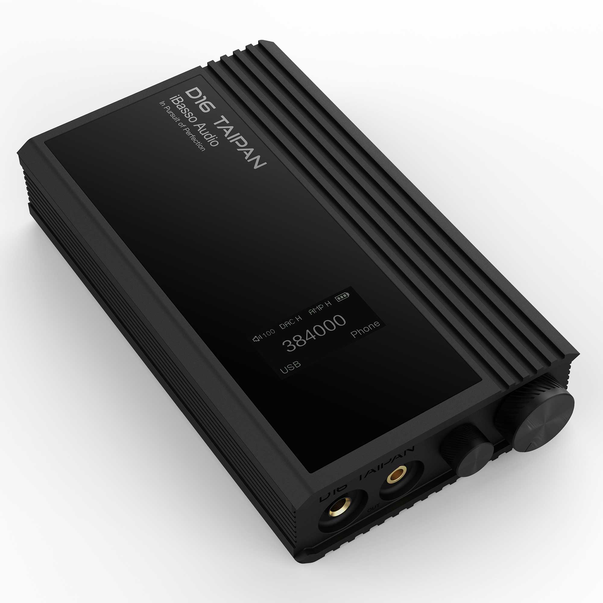 iBasso D16 Taipan Portable DAC/Amp angled view showing brushed metal body and headphone outputs on white background