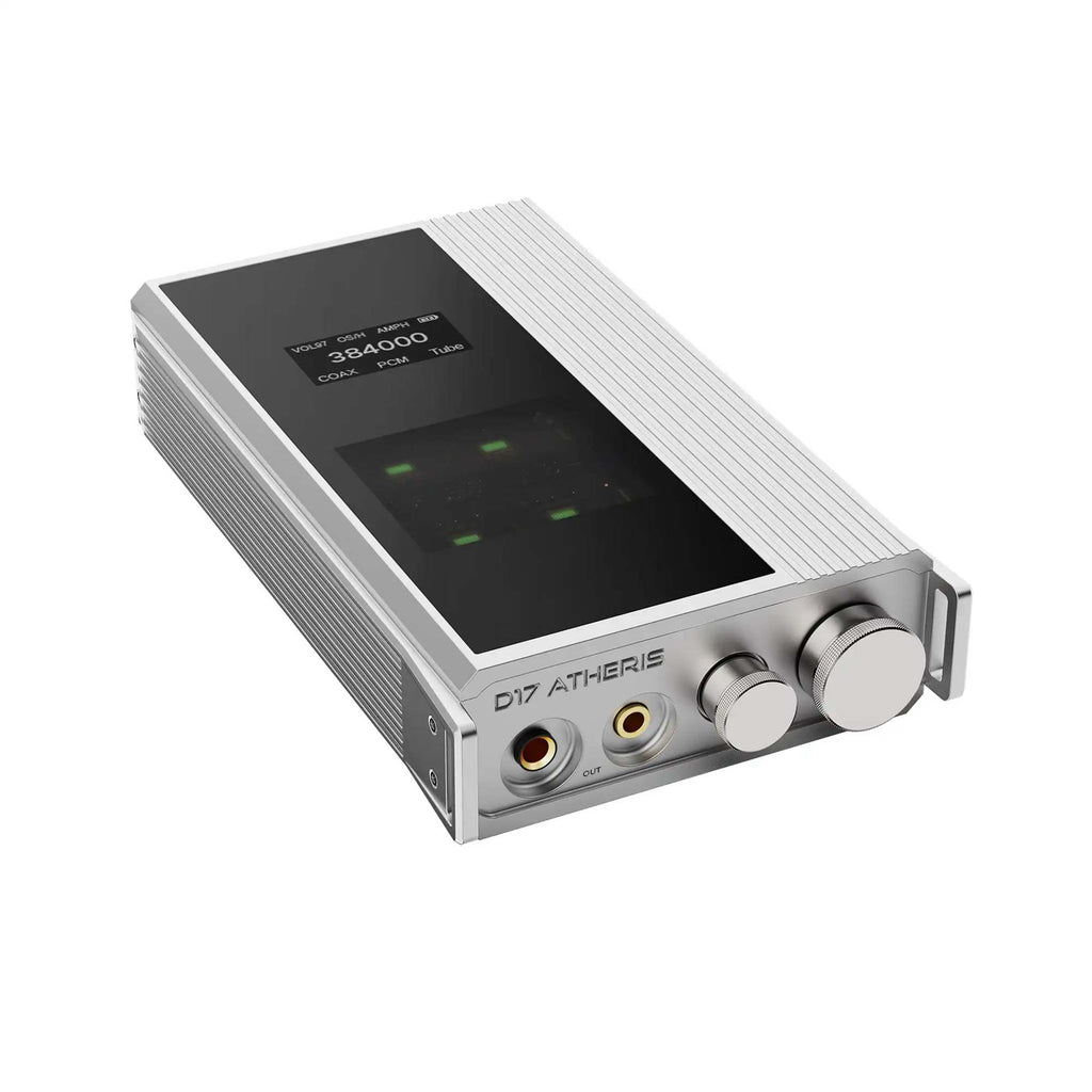 iBasso D17 Atheris Portable DAC/Amp with digital display, dual knobs, and headphone outputs on white background