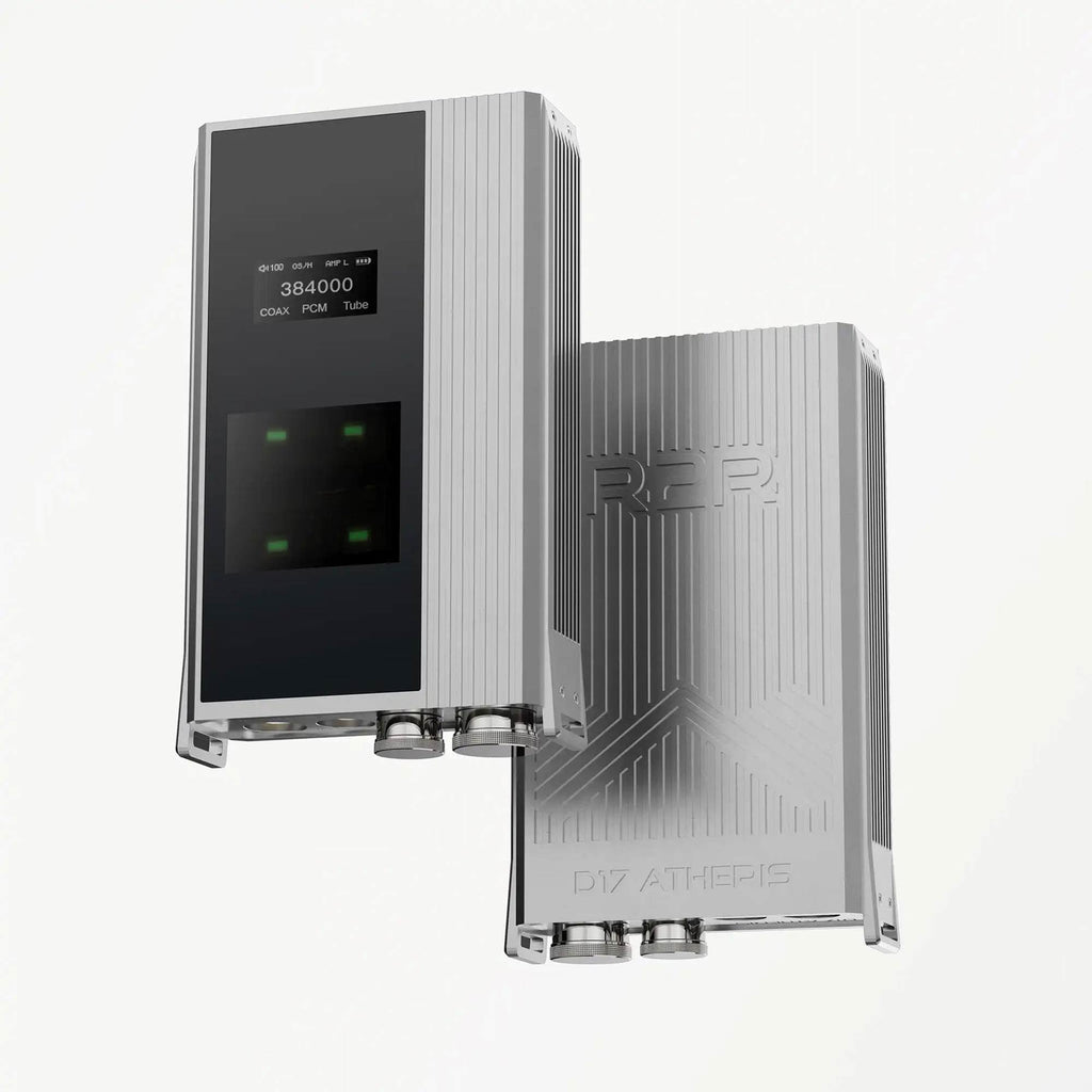 iBasso D17 Atheris Portable DAC/Amp in silver with digital display and textured aluminum casing on white background