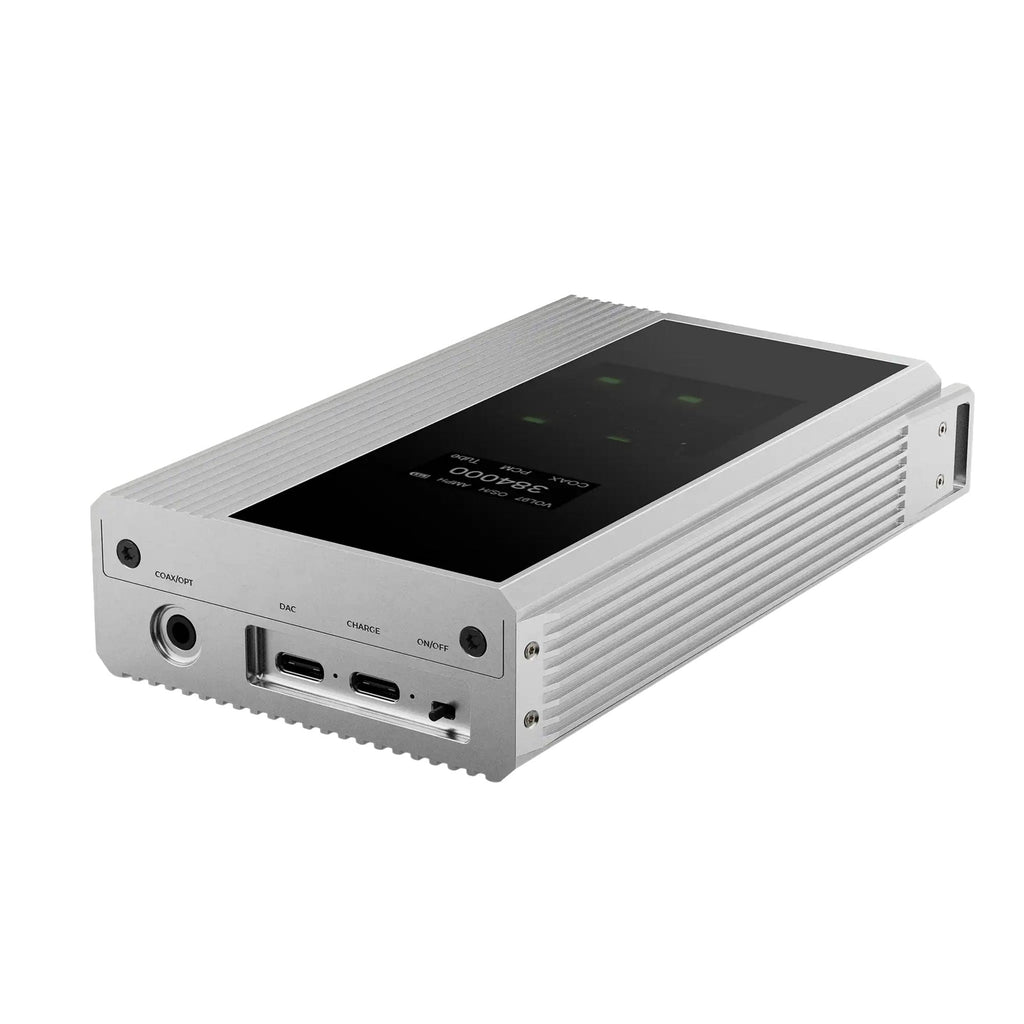 iBasso D17 Atheris Portable DAC/Amp with silver metal body and touchscreen display angled on white background