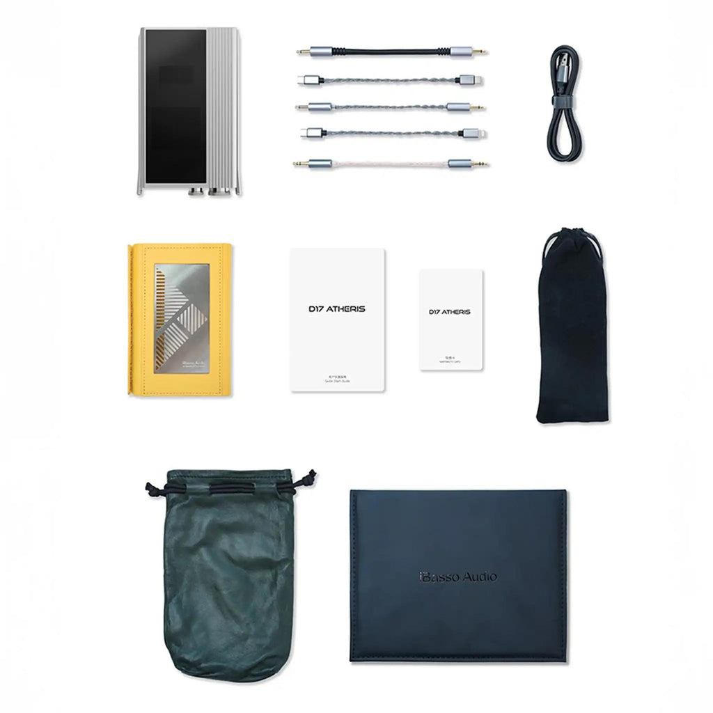 iBasso D17 Atheris Portable DAC/Amp with accessories including cables, pouch, manuals, and protective case on white background