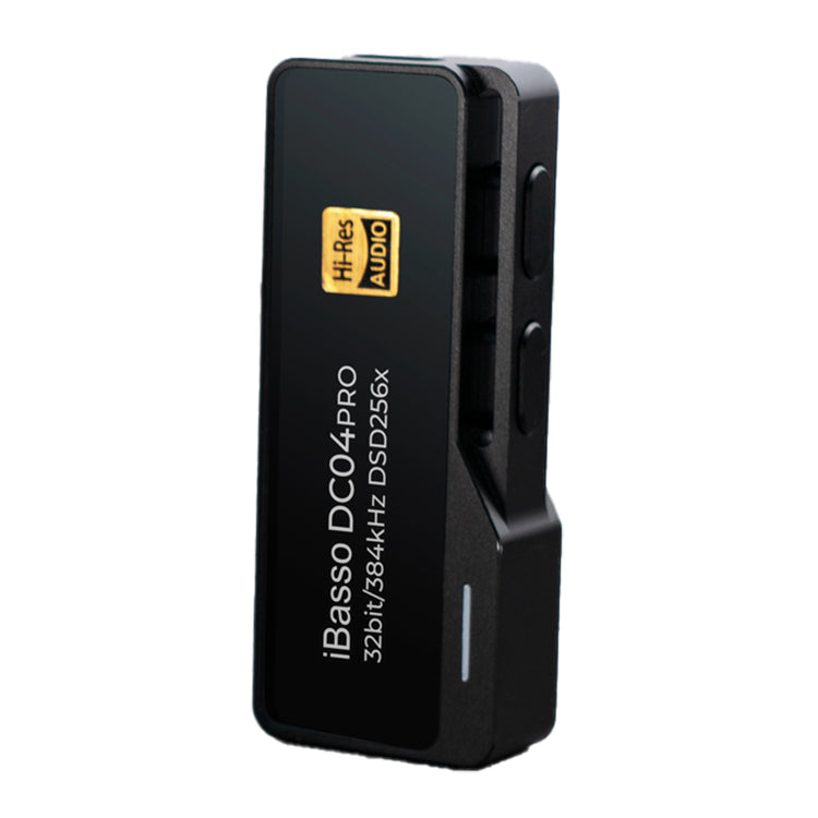iBasso DC04 PRO USB DAC/Amp portable black device with Hi-Res Audio badge and volume buttons side view