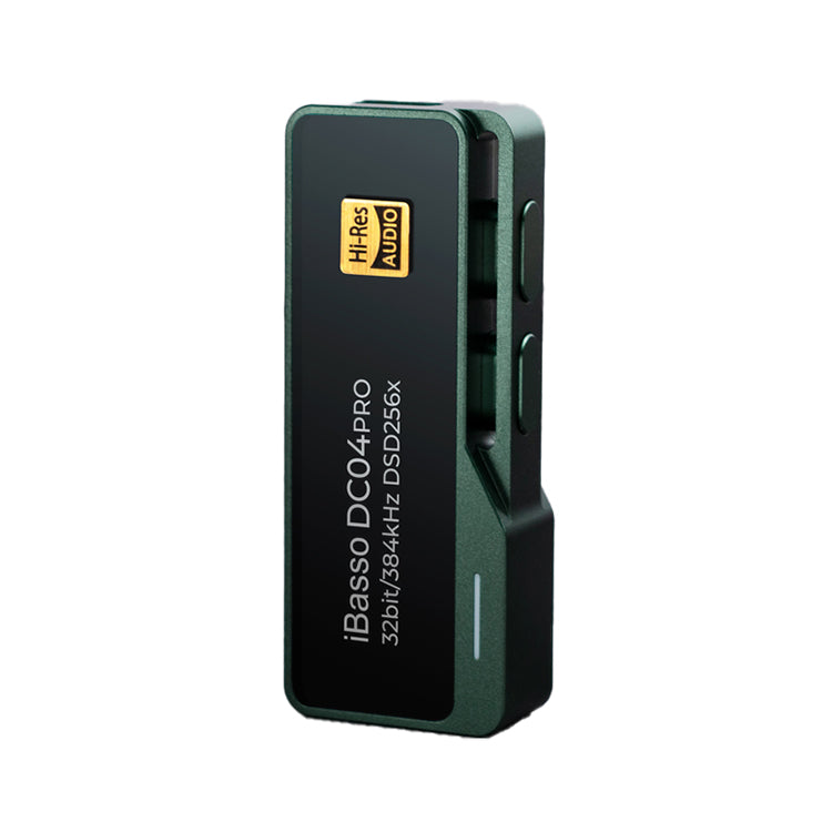 iBasso DC04 PRO USB DAC/Amp in green with black Hi-Res Audio label and side control buttons on white background