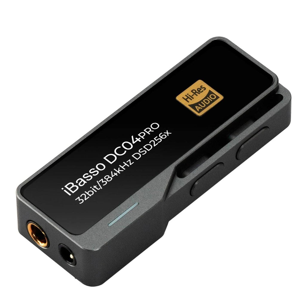 Close-up of the iBasso DC04 PRO USB DAC/Amp showing 3.5mm and 4.4mm outputs with Hi-Res Audio logo