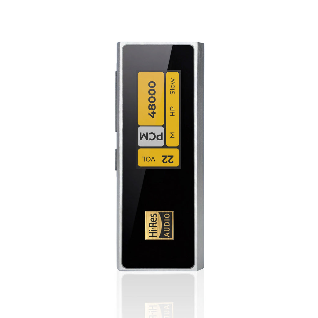 The iBasso DC04Ultra USB DAC/Amp by iBasso stands upright on a white background, with a black front panel showing yellow and white labels like 48000, PCM, 22, Hi-Res Audio. It features USB-C connectivity and a 4.4mm Balanced output.