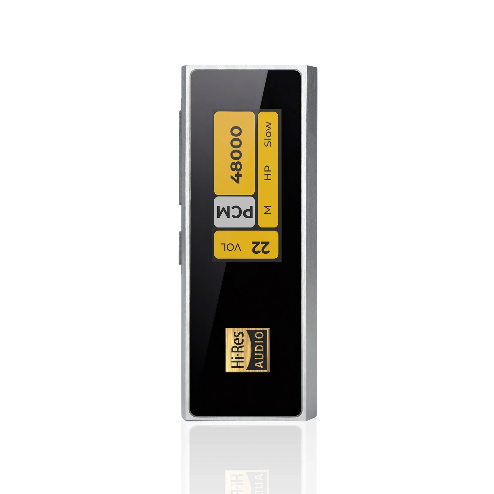 The iBasso DC04Ultra USB DAC/Amp by iBasso stands upright on a white background, with a black front panel showing yellow and white labels like 48000, PCM, 22, Hi-Res Audio. It features USB-C connectivity and a 4.4mm Balanced output.