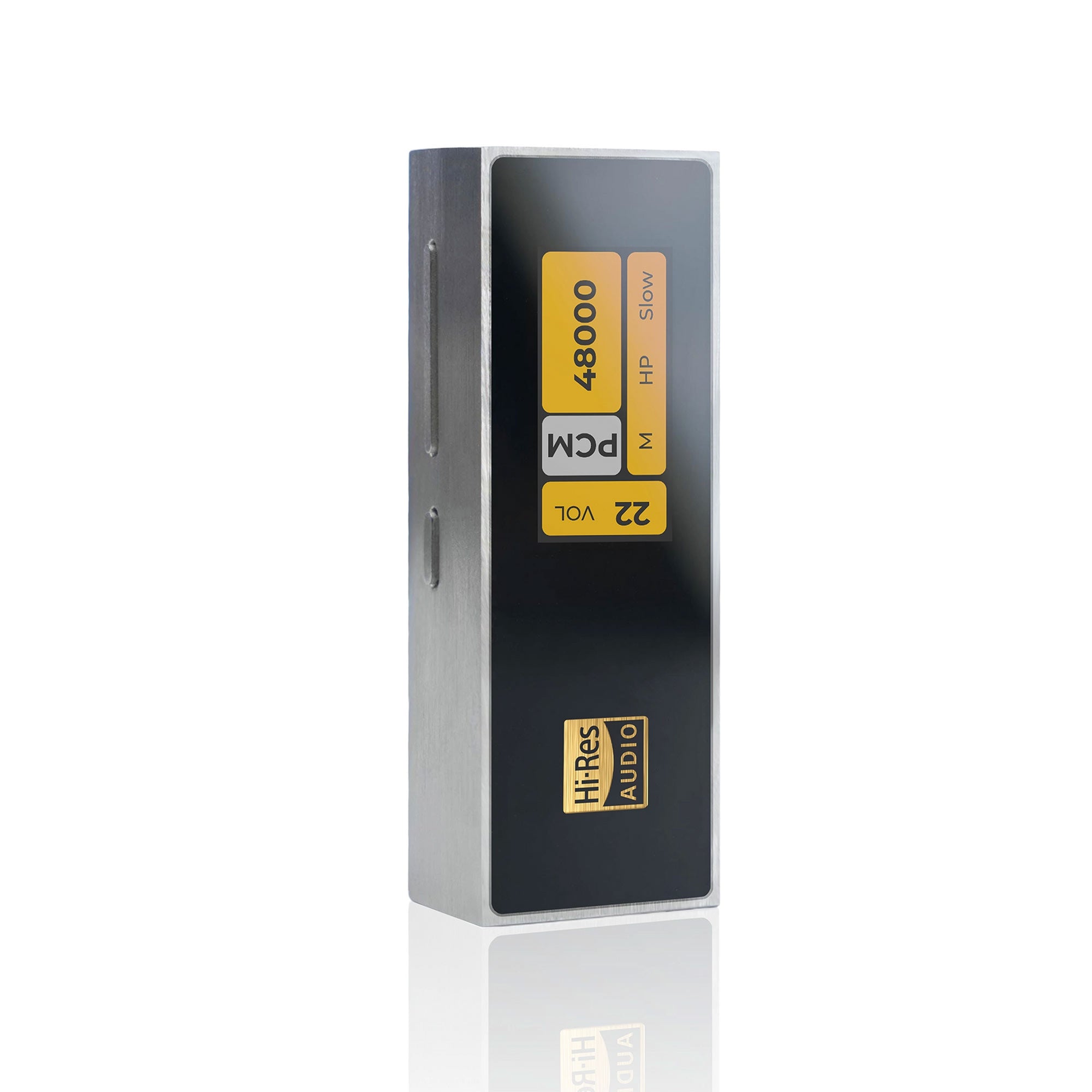 The iBasso DC04Ultra USB DAC/Amp by iBasso is a rectangular, metallic device with a black front display showing 48000 PCM, 22 VOL, and audio settings in yellow and white. It features USB-C connectivity and stands upright on a white background.