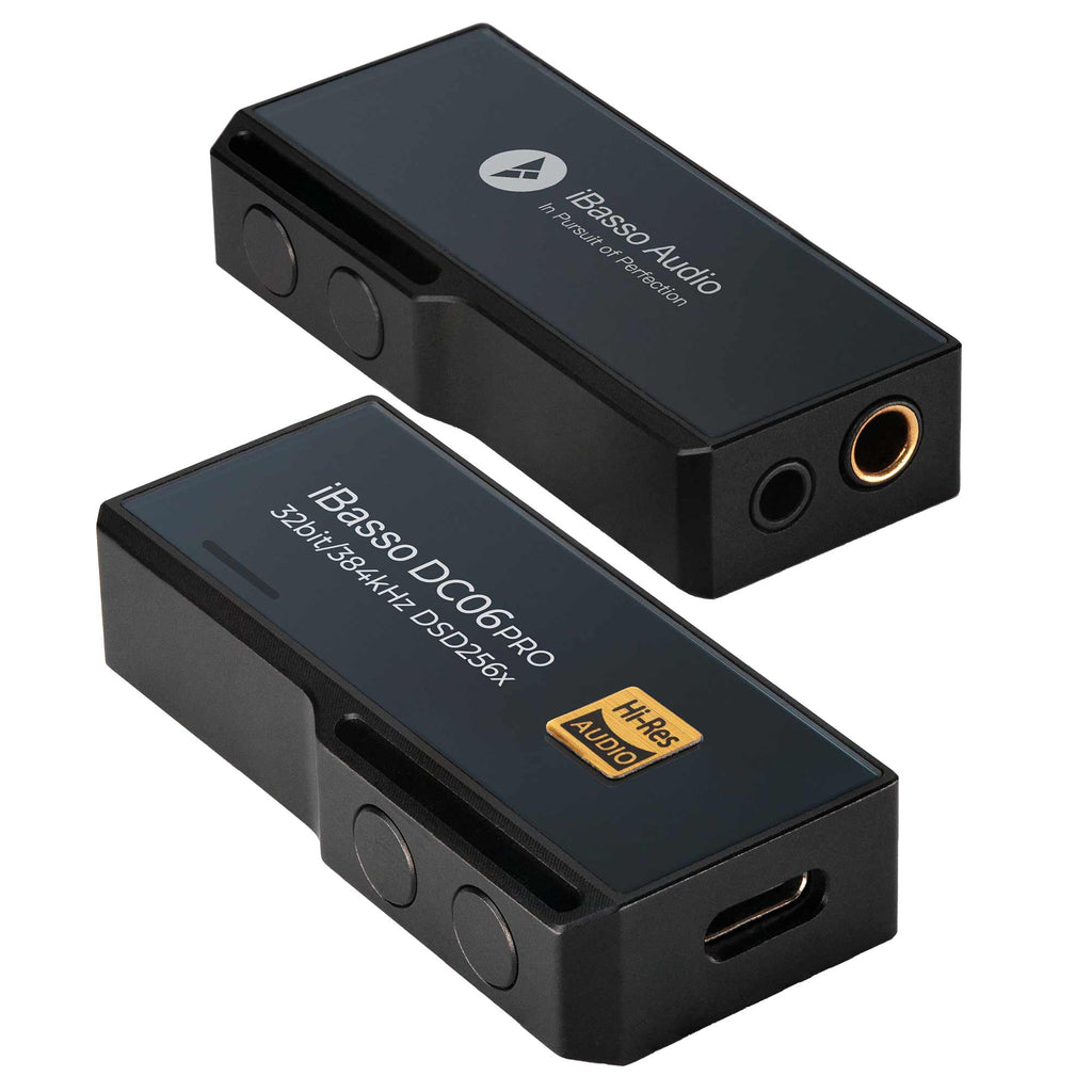 Two angled views of the iBasso DC06PRO USB DAC/Amp showing headphone jacks and control buttons on white background