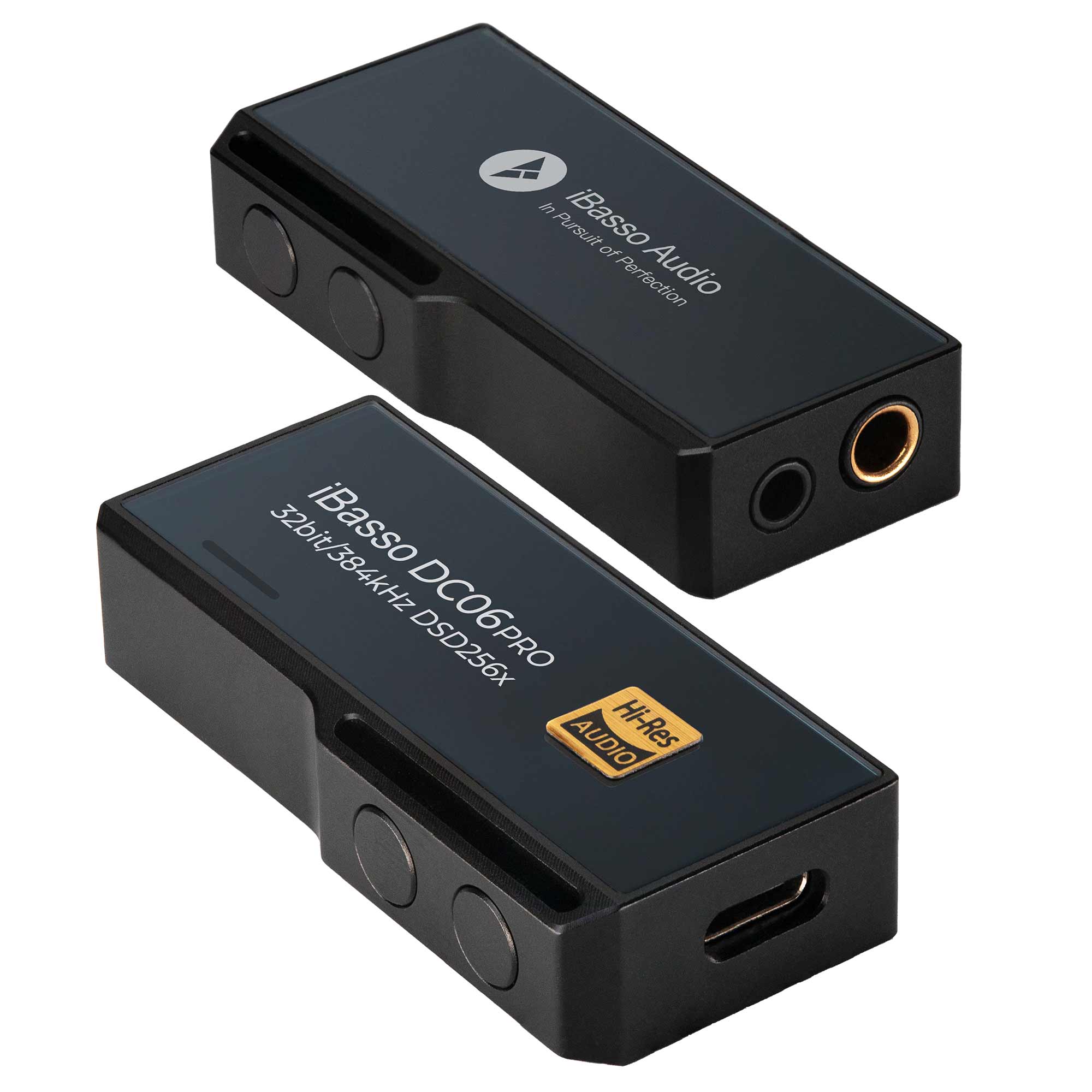 Two angled views of the iBasso DC06PRO USB DAC/Amp showing headphone jacks and control buttons on white background