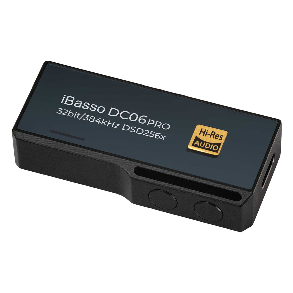 Close-up of the iBasso DC06PRO USB DAC/Amp with Hi-Res Audio badge and compact black design on white background