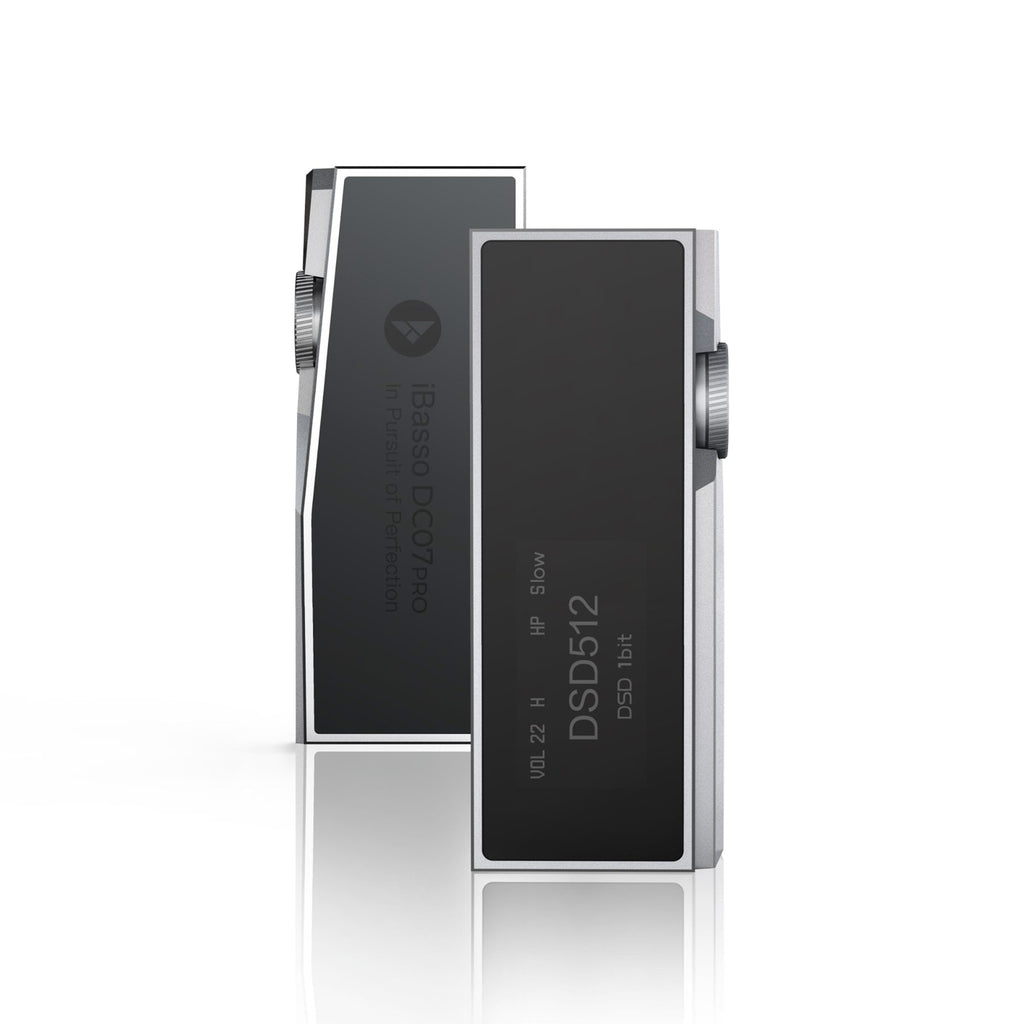 Front and rear view of iBasso DC07PRO USB DAC/Amp with volume knob and digital display on white background