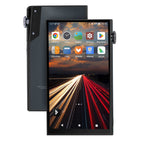 Front and back view of the iBasso DX180 Digital Audio Player showing app icons and silver side dial controls