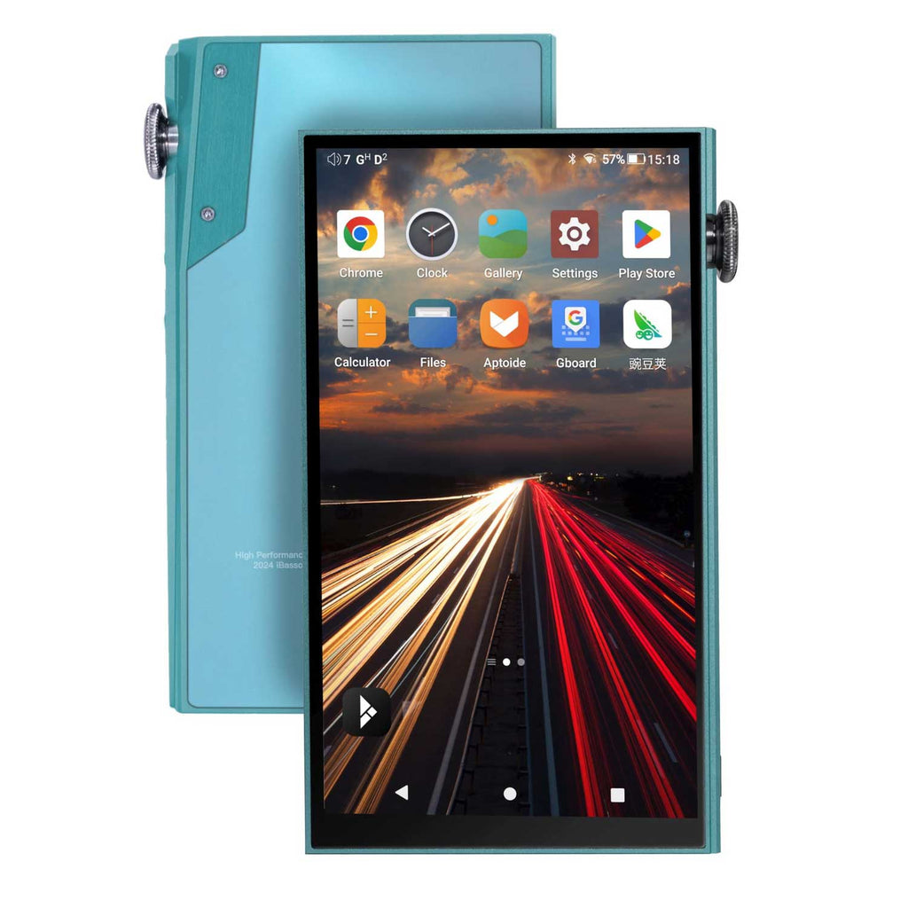 Front and back view of teal iBasso DX180 Digital Audio Player with Android 13 apps on screen against white background