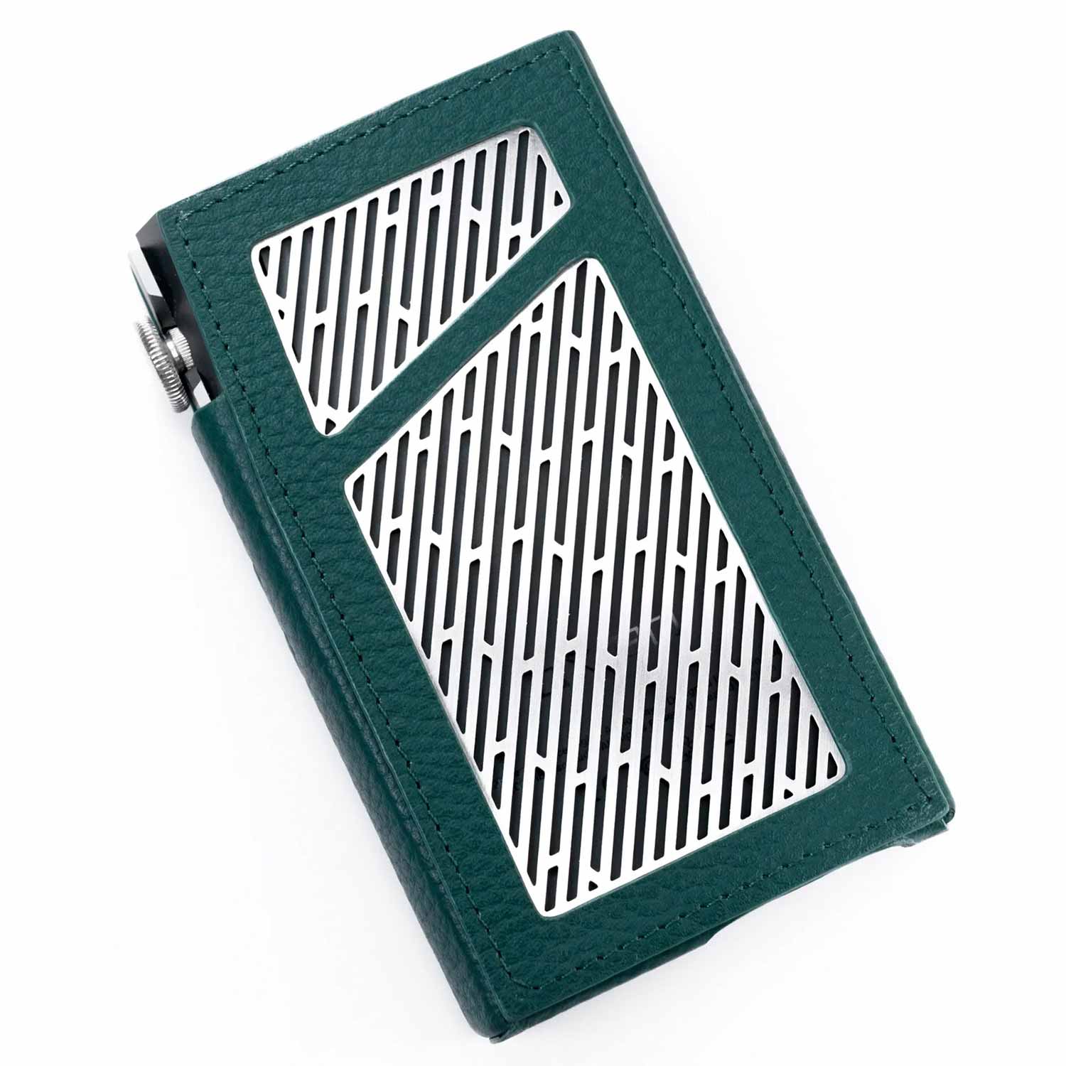 iBasso Leather Case for DX180 in green with geometric cutouts showing the device metal back plate