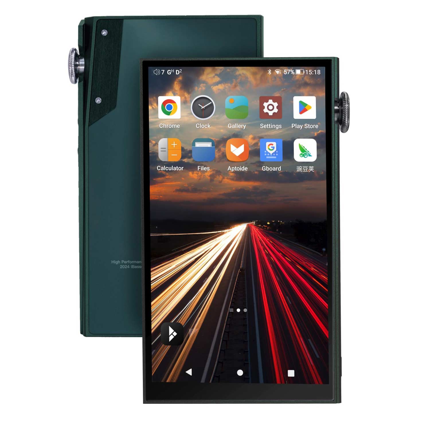 Front and back view of the iBasso DX180 Digital Audio Player showing its touchscreen home screen and volume knob design