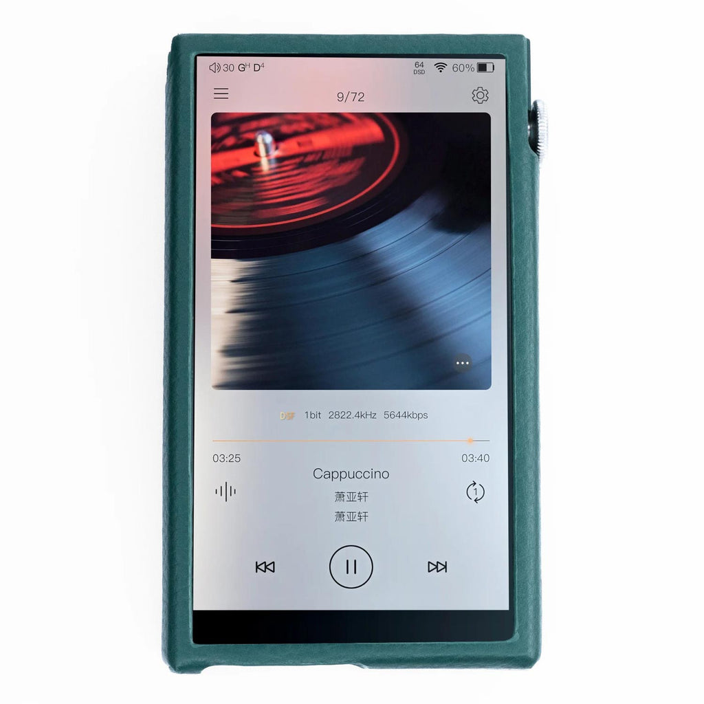 Top view of iBasso Leather Case for DX180 in green leather with digital audio player screen showing music playback