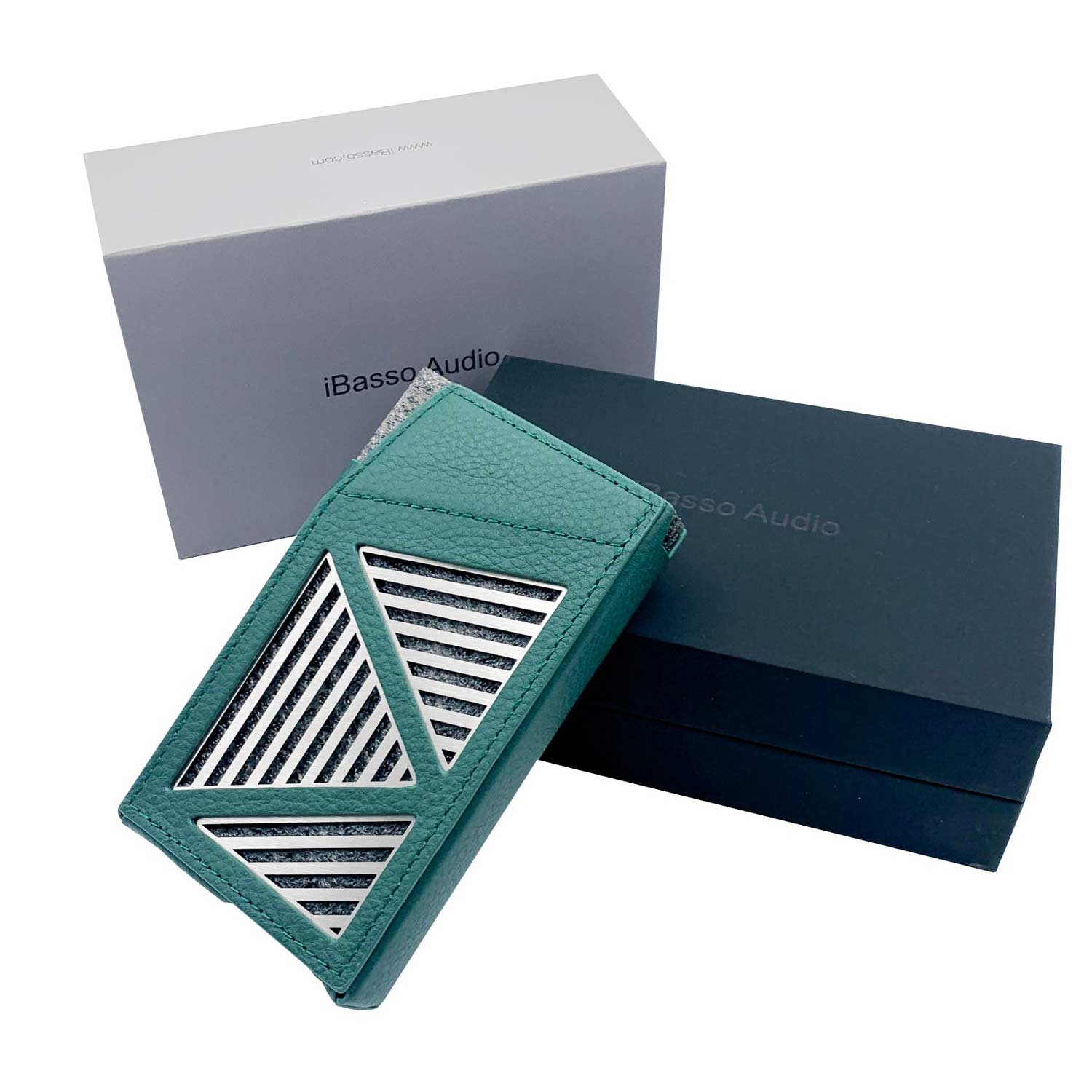 iBasso Leather Case for DX260 in green with geometric cutouts displayed with iBasso Audio branded packaging boxes