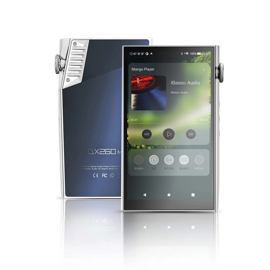 iBasso DX260MK2 Digital Audio Player showing playback screen with rear and front view on white background