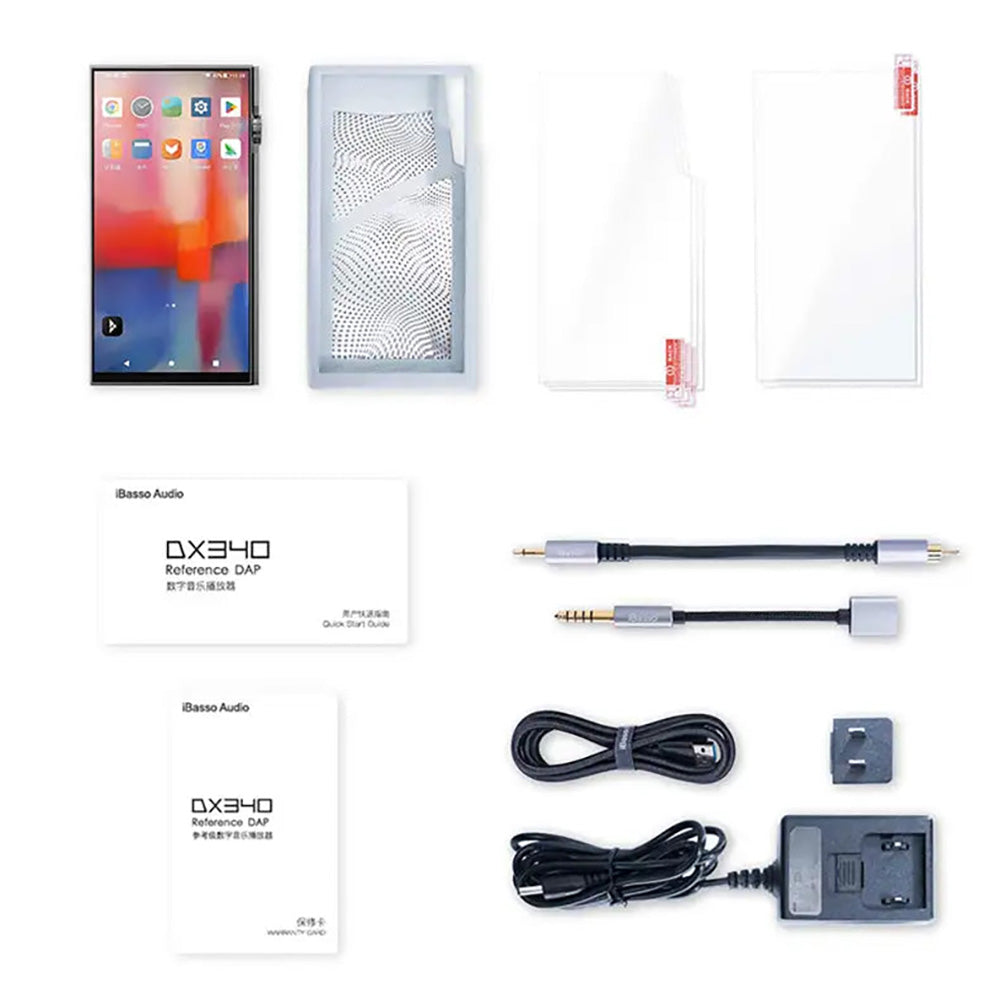 iBasso DX340 Flagship Digital Audio Player with silicone case, screen protectors, cables, manuals, and power adapter laid out on white background