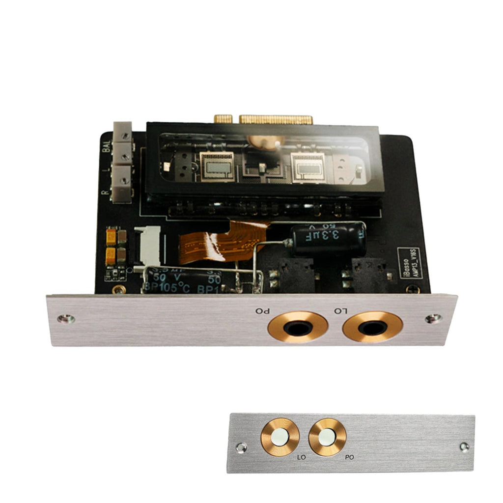 iBasso DX340 Faceplate | Amp Card Faceplate with dual gold 4.4mm balanced headphone jacks on silver panel close-up view