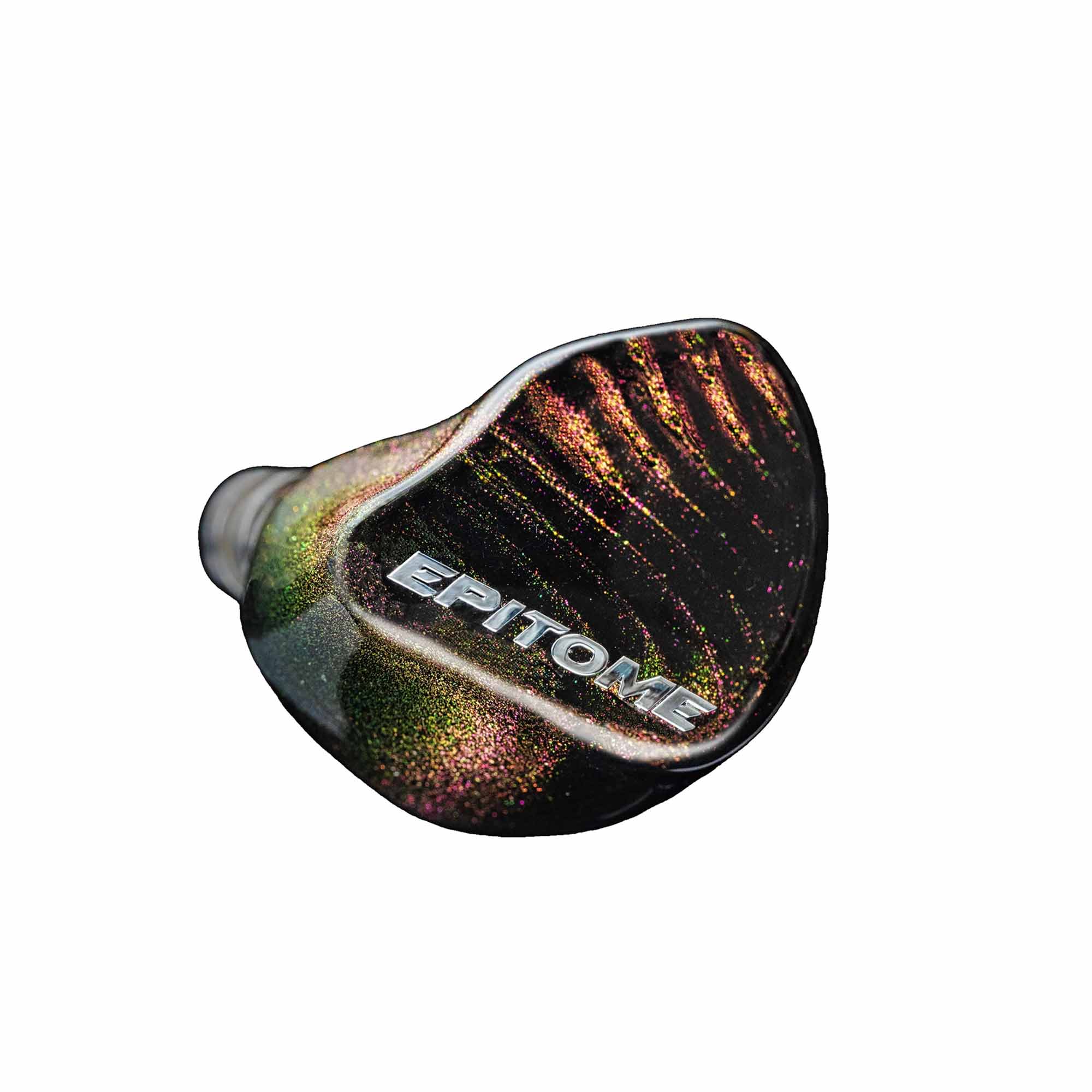 Close-up of iBasso Epitome Flagship Audiophile In-Ear Monitor with shimmering resin shell on white background