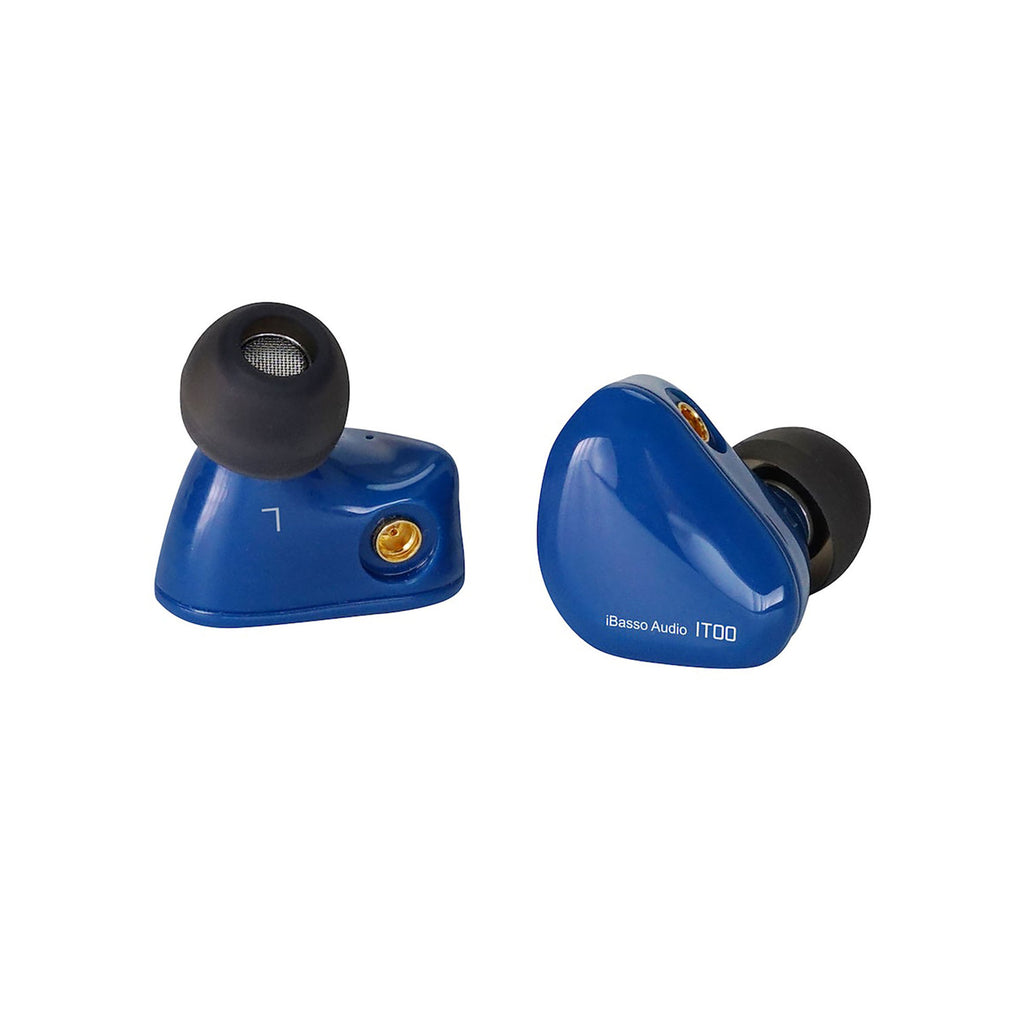 Blue iBasso IT00 In-Ear Headphones with black silicone tips and gold connectors on white background