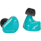 Pair of turquoise iBasso IT00 In-Ear Headphones with black ear tips on a white background
