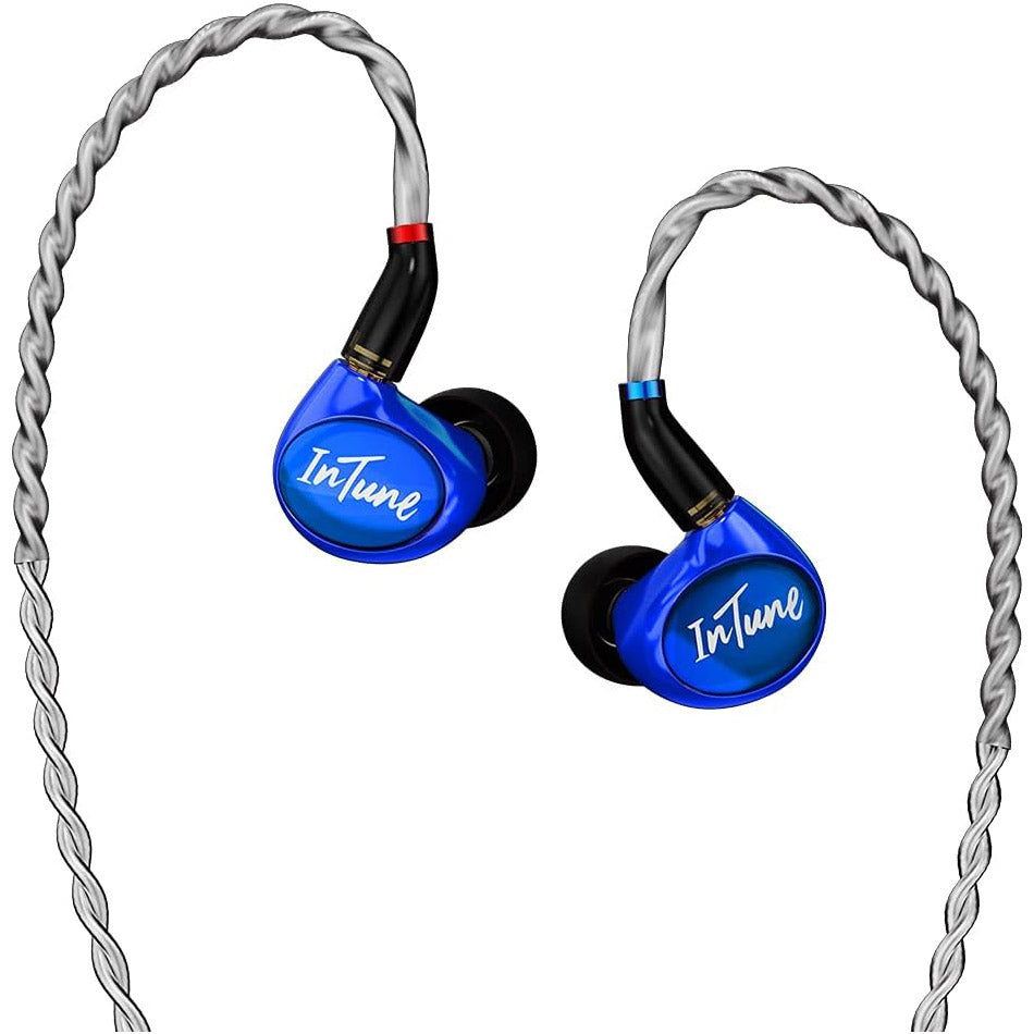 iBasso IT01X blue ergonomic in ear monitors with twisted silver cable and red and blue earbud markers on white background