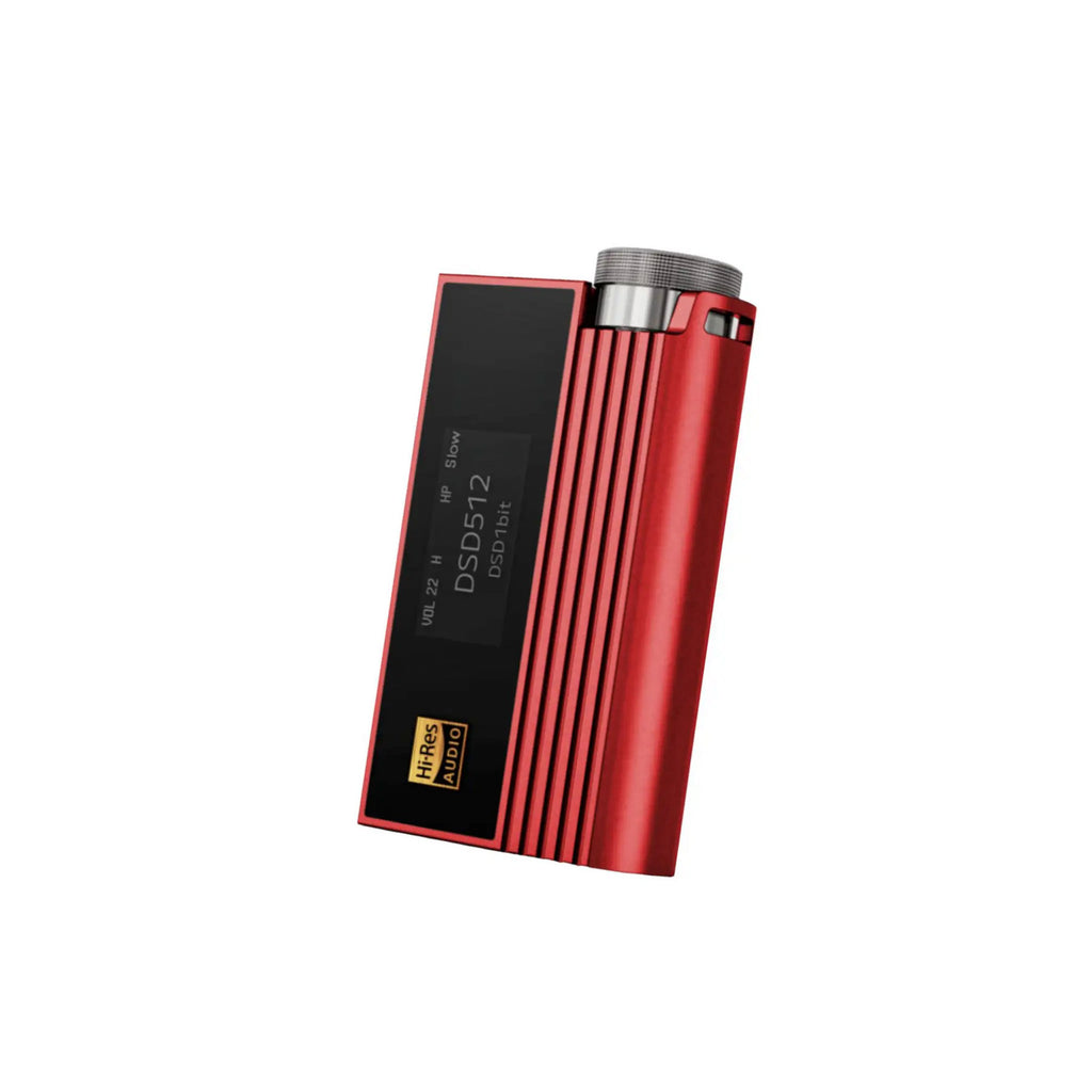 iBasso Nunchaku Portable USB Tube DAC/Amp in red with display screen and metallic control knob on white background
