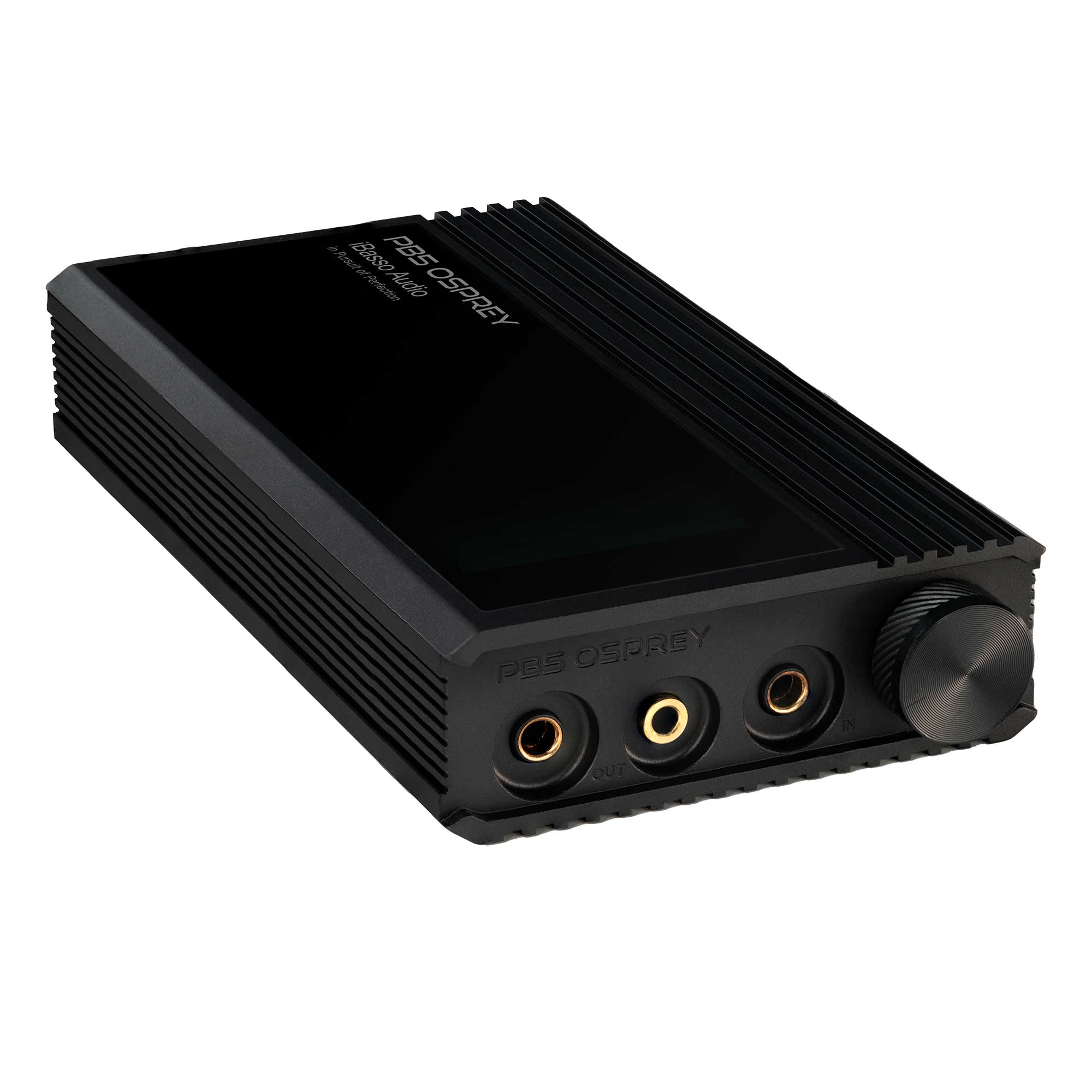 iBasso PB5 Osprey Portable DAC/Amp with balanced and single-ended outputs and a volume control knob on a white background