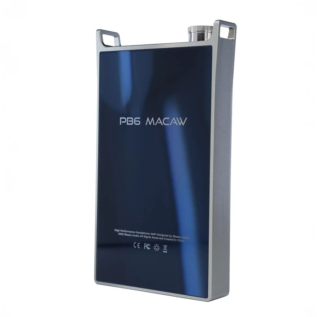 iBasso PB6 Macaw Balanced Portable Tube Amplifier with sleek blue reflective front panel on white background