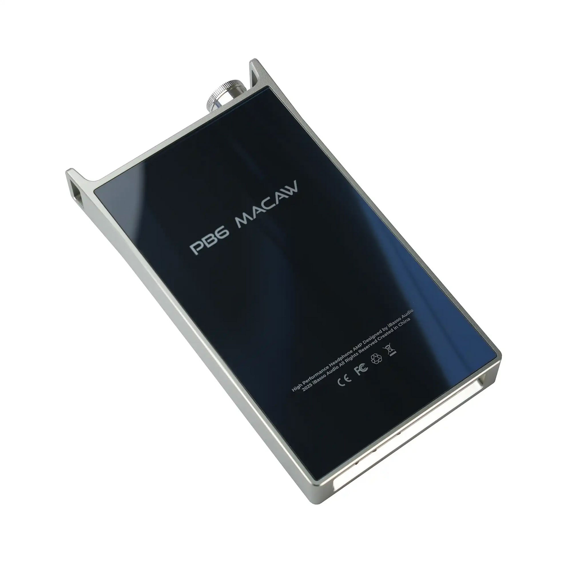 iBasso PB6 Macaw Balanced Portable Tube Amplifier top view with sleek black panel and silver frame on white background