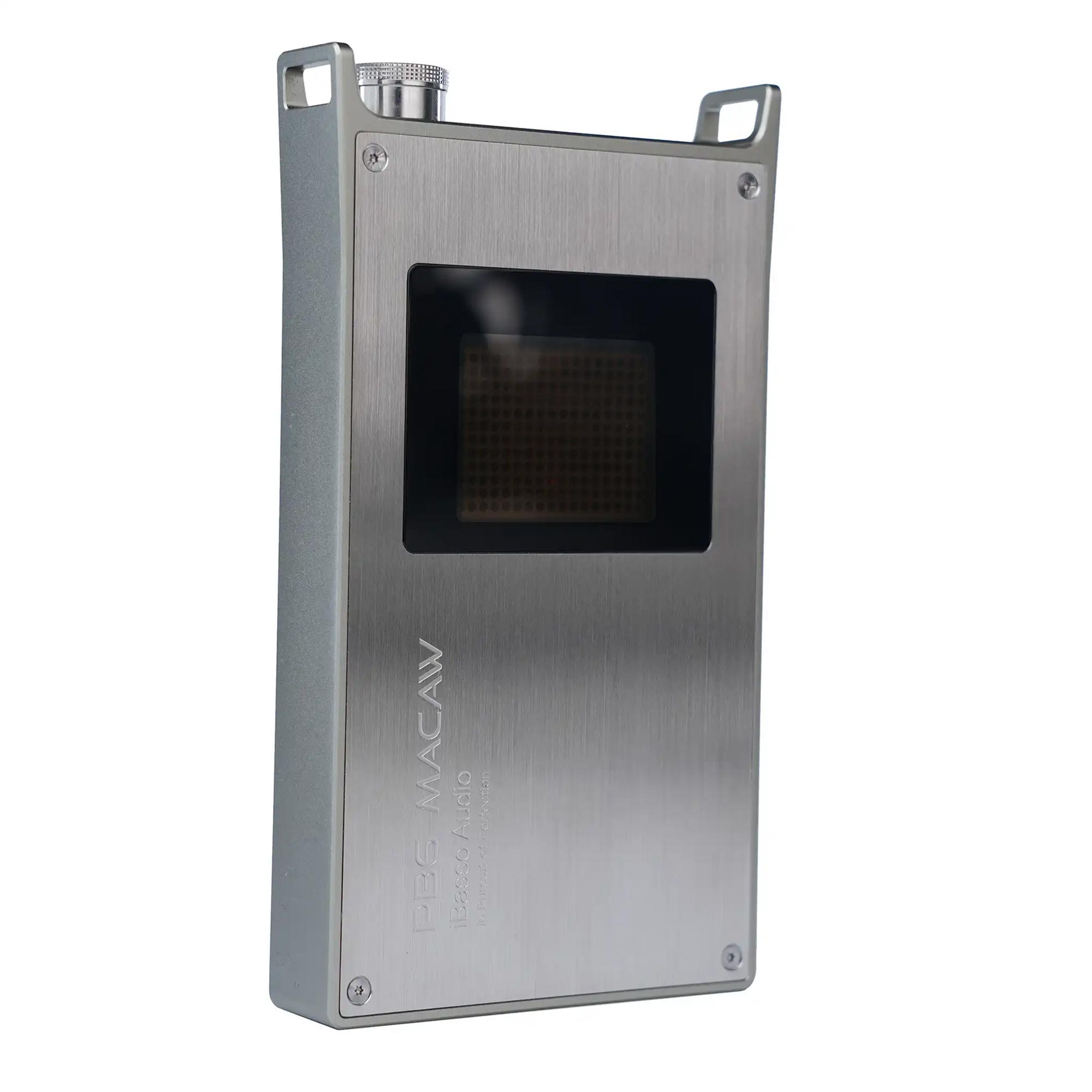 iBasso PB6 Macaw Balanced Portable Tube Amplifier with brushed metal finish and visible vacuum tubes window on white background