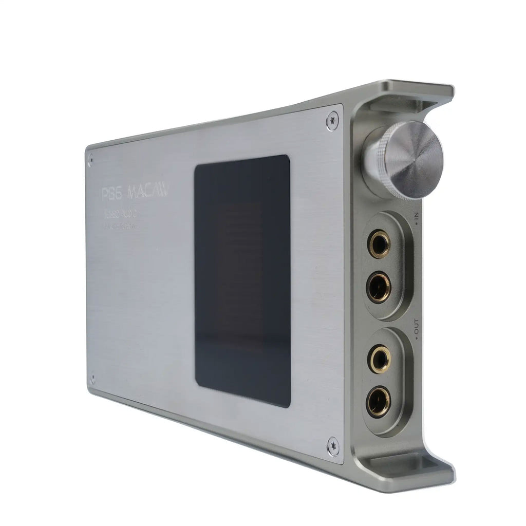 iBasso PB6 Macaw Balanced Portable Tube Amplifier with volume knob and multiple headphone jacks on white background