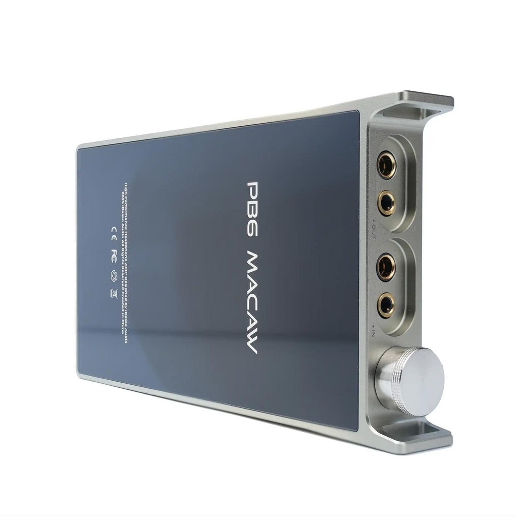 iBasso PB6 Macaw Balanced Portable Tube Amplifier with silver chassis and headphone output jacks on white background