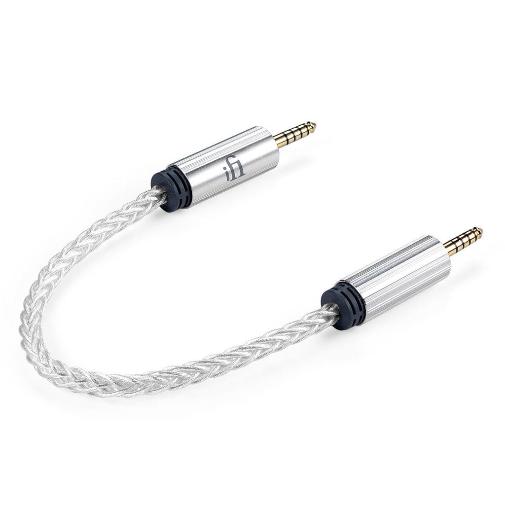 iFi Audio 4.4mm to 4.4mm Balanced Cable with silver braided wire and metal connectors on white background