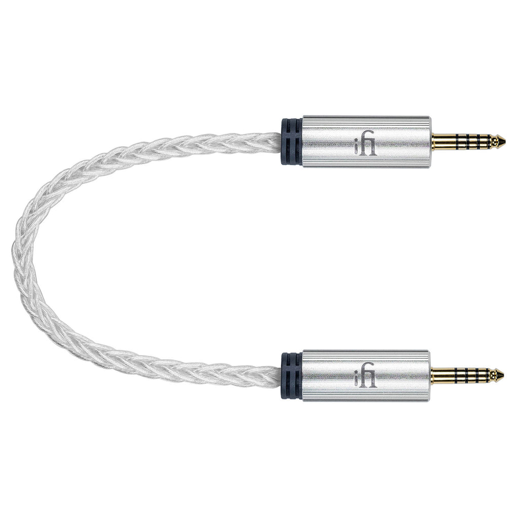 iFi Audio 4.4mm to 4.4mm balanced cable with braided silver wire and metal connectors on white background