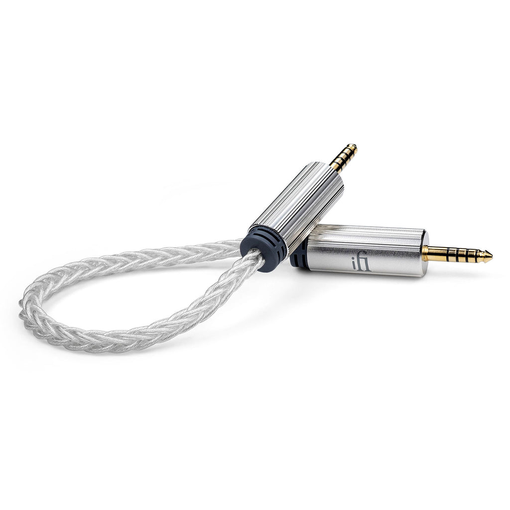 iFi Audio 4.4mm to 4.4mm Balanced Cable with silver braided jacket and metallic connector housing on white background