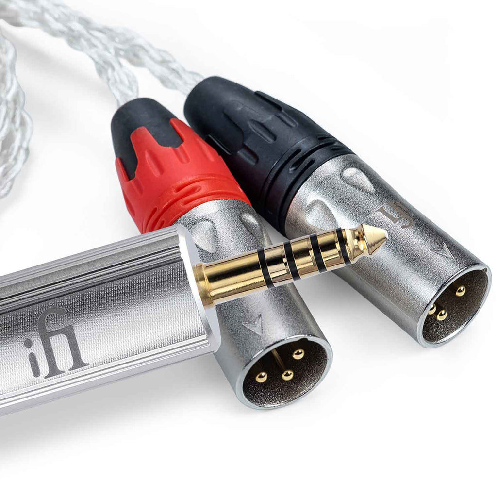 Close-up of iFi Audio 4.4mm to XLR Balanced Cable with gold-plated 4.4mm connector and two XLR balanced plugs