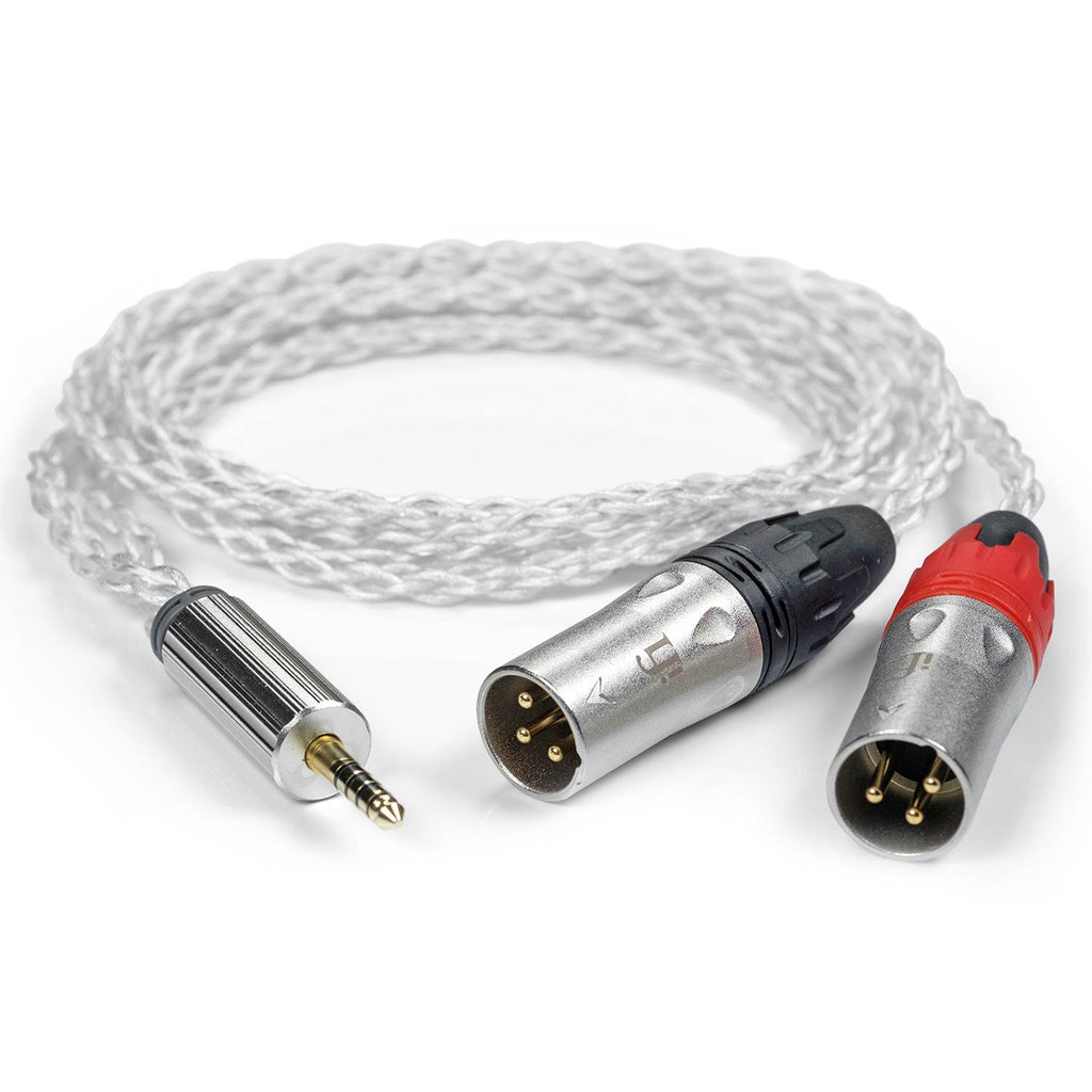 iFi Audio 4.4mm to XLR Balanced Cable with braided silver cable and metal connectors on white background
