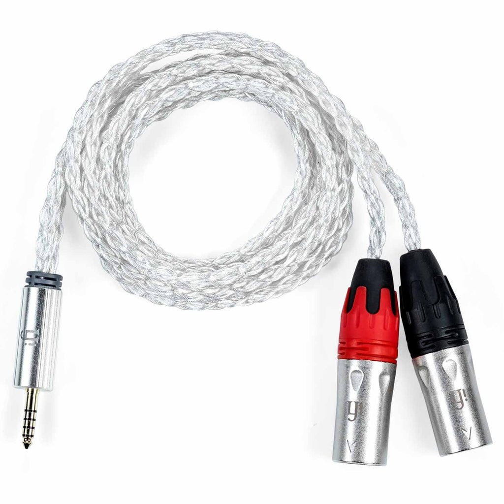 iFi Audio 4.4mm to XLR Balanced Cable with braided silver wire and black and red XLR connectors on white background