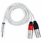 iFi Audio 4.4mm to XLR Balanced Cable with braided silver wire and black and red XLR connectors on white background