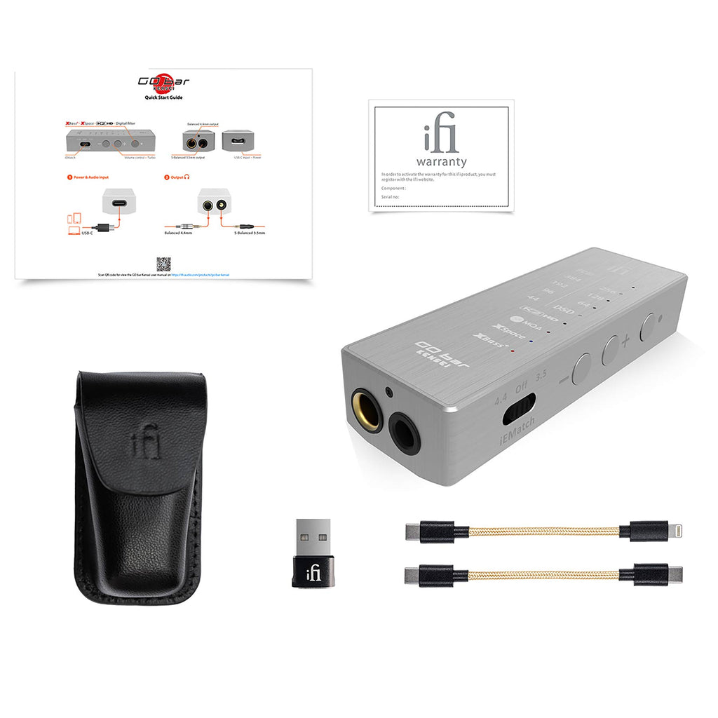 iFi Audio GO bar KENSEI Special Edition USB DAC/Amp with accessories including cables, USB adapter, case, and user guide on white background
