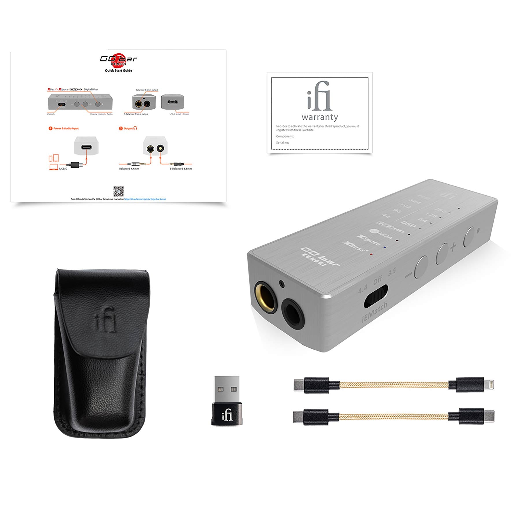 iFi Audio GO bar KENSEI Special Edition USB DAC/Amp with accessories including cables, USB adapter, case, and user guide on white background