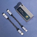 iBasso DC-Elite Flagship USB DAC/Amp with braided USB-C to Lightning and USB-C to USB-C cables on textured surface