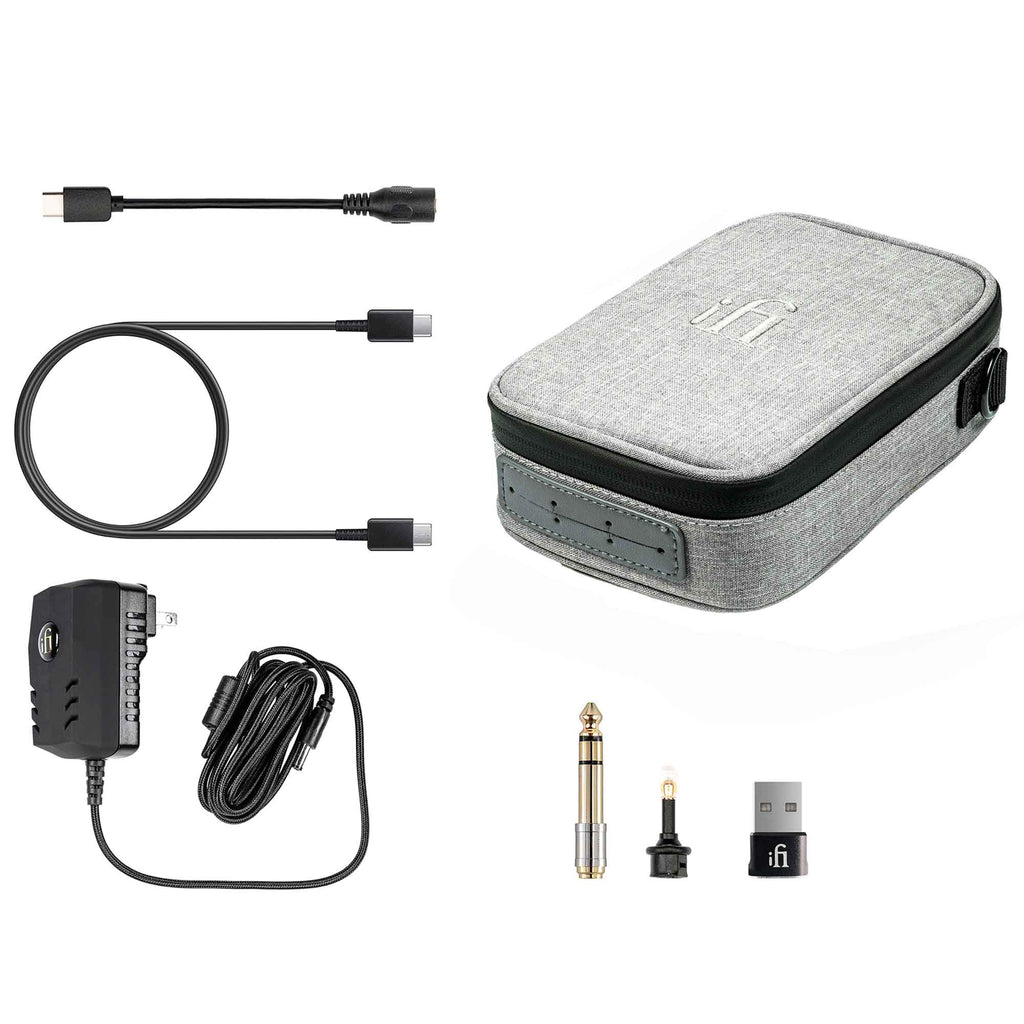Accessories for iFi Audio iDSD Diablo 2 Transportable DAC/Amp including cables, adapter, USB dongle, and gray carrying case