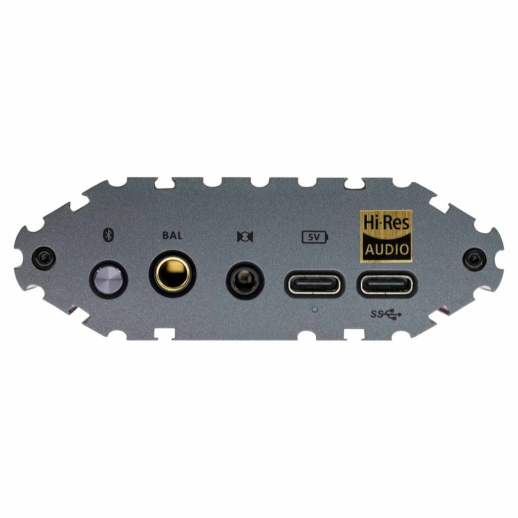 iFi Audio iDSD Diablo 2 Transportable DAC/Amp close-up showing input and output ports with Hi-Res Audio logo on grey panel