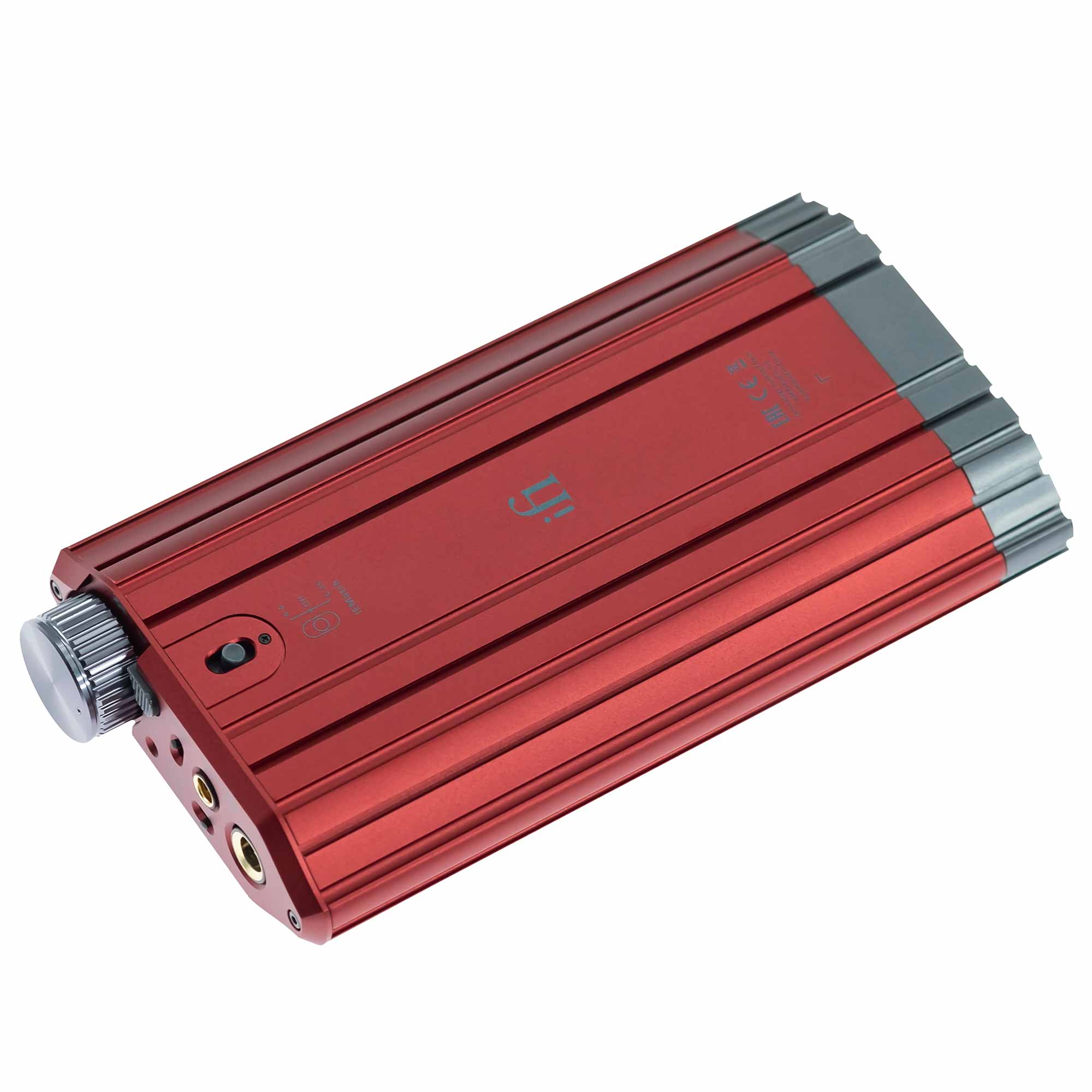 Top angle view of the red iFi Audio iDSD Diablo 2 Transportable DAC/Amp with volume knob and headphone jacks visible