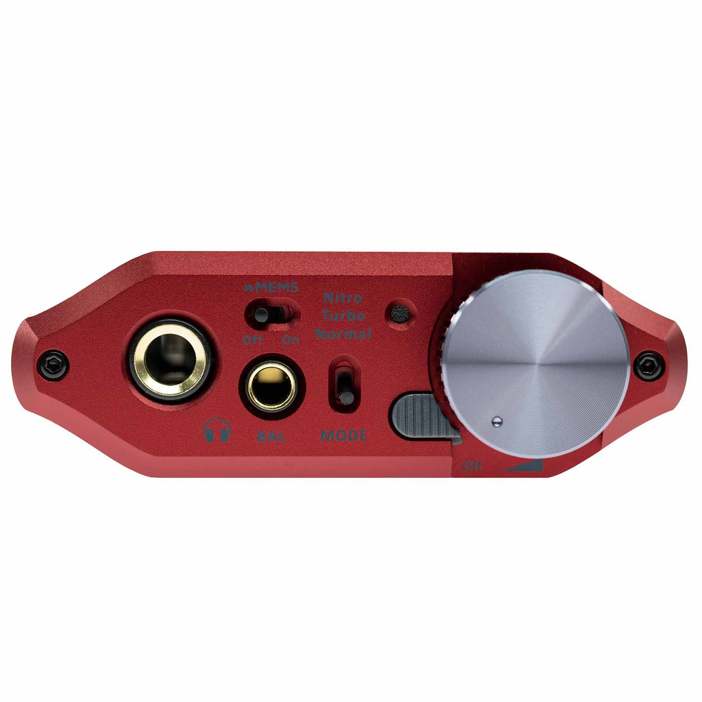 Top view of the red iFi Audio iDSD Diablo 2 Transportable DAC/Amp showing headphone jacks and volume knob